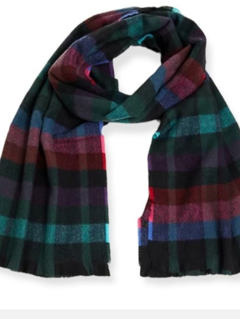 TORRID Soft Multi Color Block Plaid Blanket Scarf Wrap Fringe 25" x 76" NWT